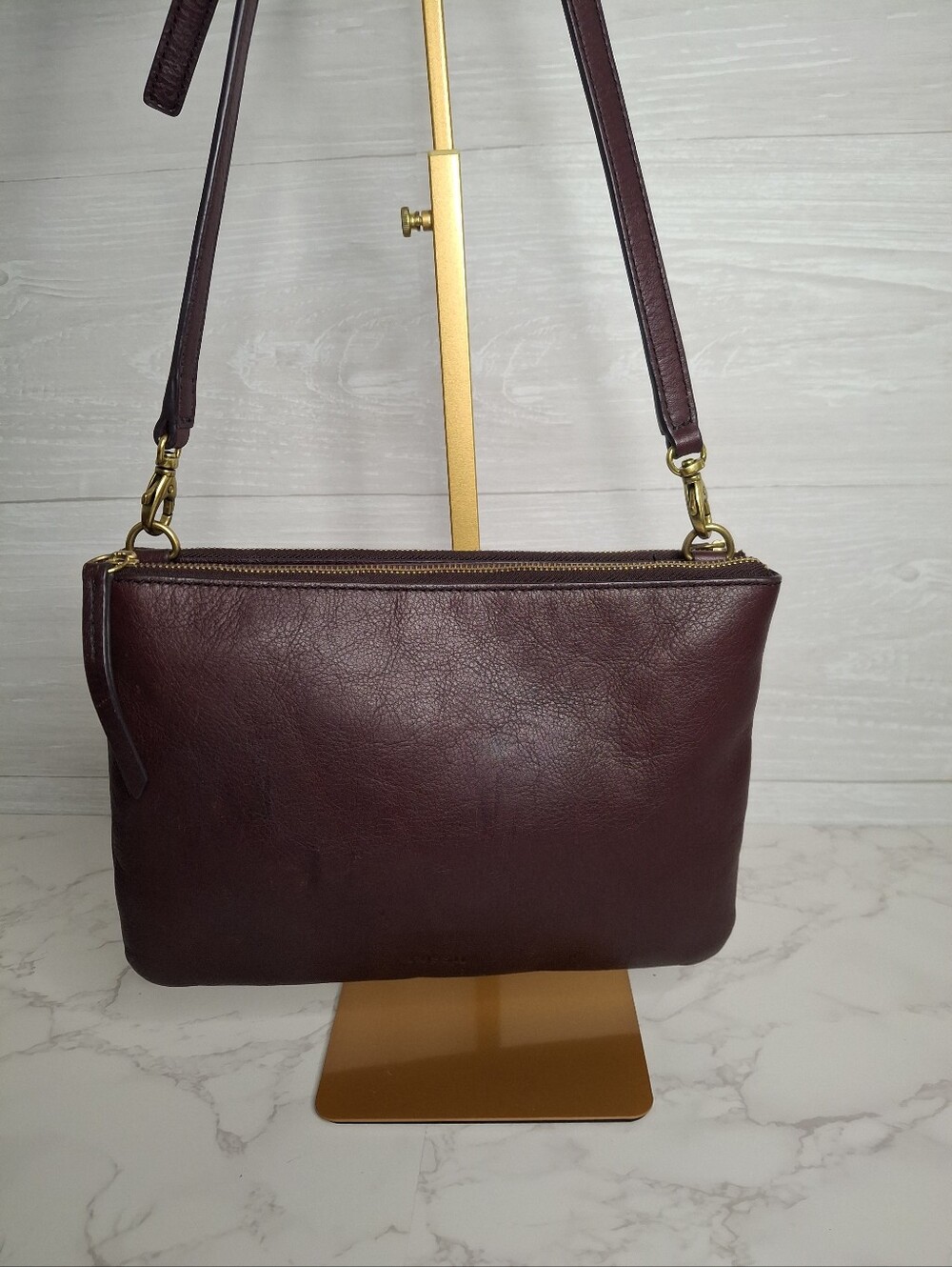 Fossil Burgundy Pebbled Leather Double Zip Crossbody Shoulder Bag